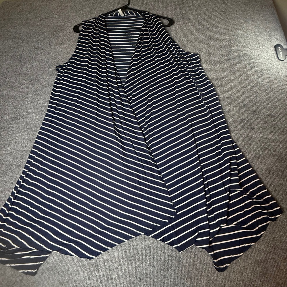 Brooke & Emma Navy White Striped Draped Open Vest Cardigan Sharkbite Hem 2X‎ USA